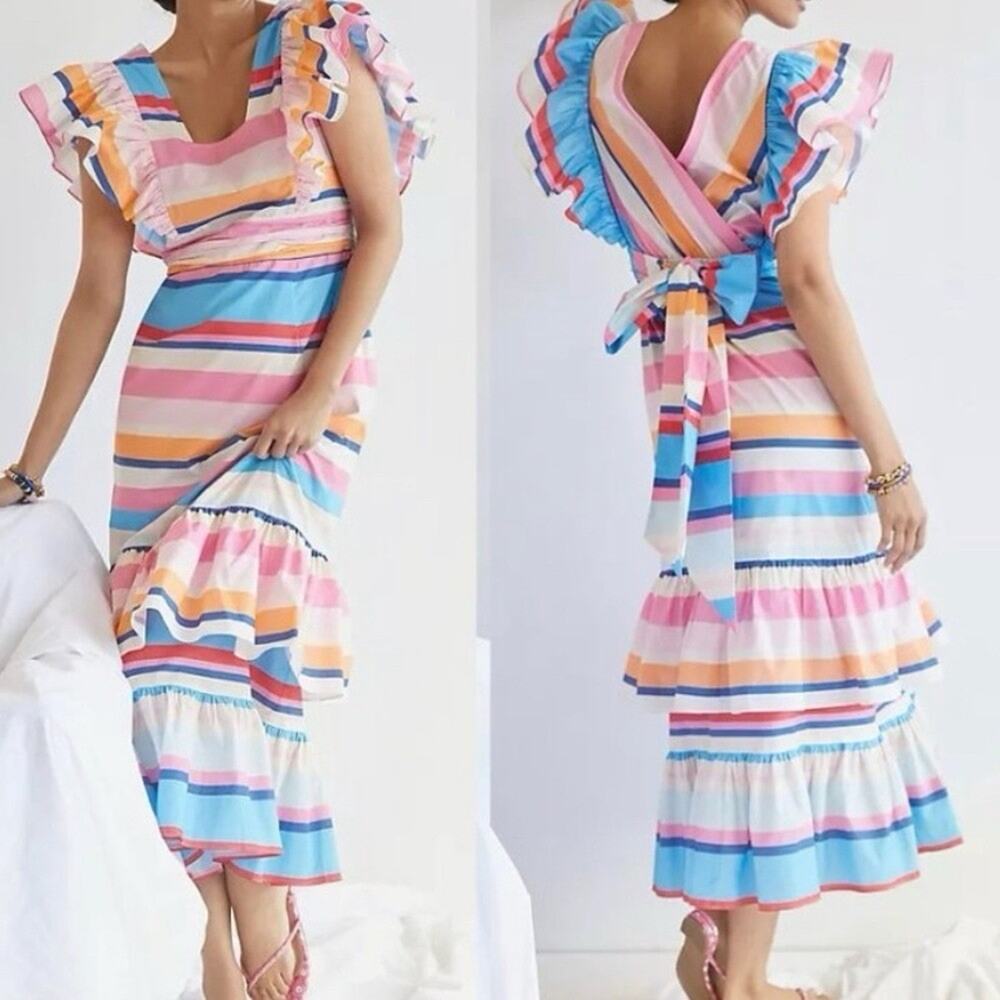 NWT Anthropologie Plenty by Tracy Reese Ruffled Maxi Dress M Stripe Cotton